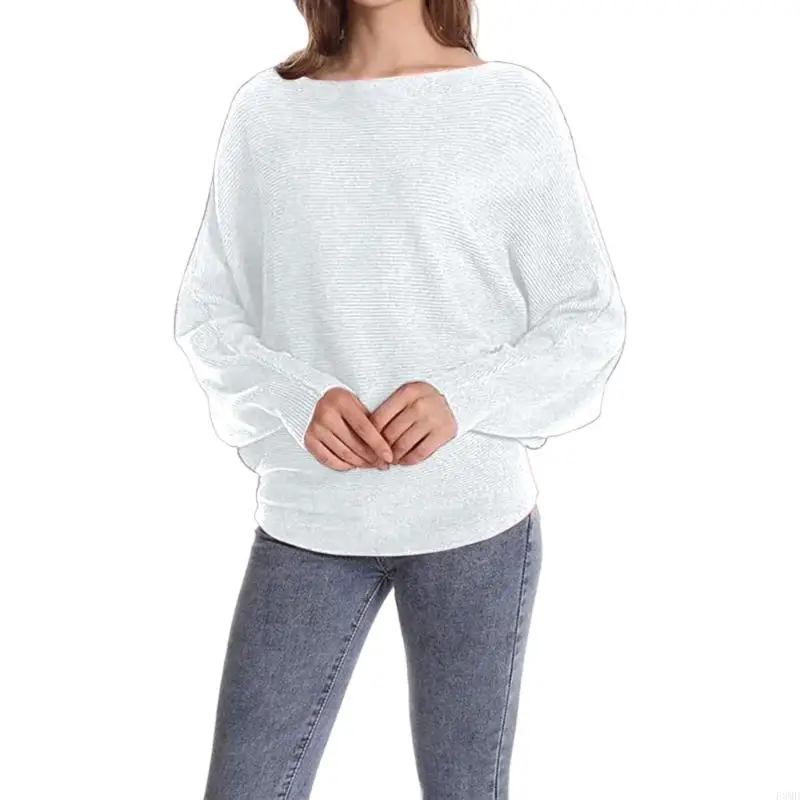 سترة نسائية فضفاضة برقبة على شكل جناح الخفاش وأكمام على شكل قارب، بلوفر كاجوال F3MD