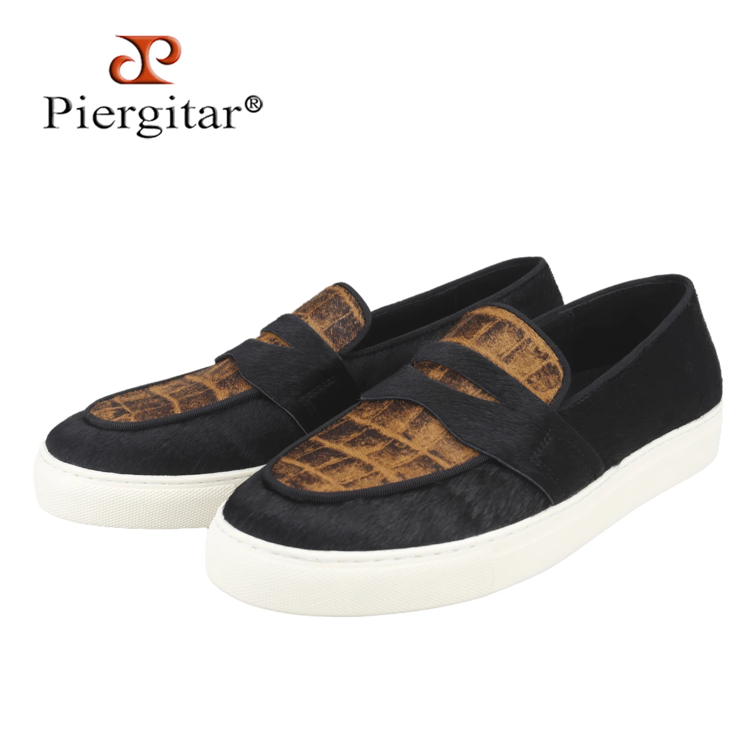 Piergitar Italian Style Luxury Black Horsehair Patchwork Crocodile Print Men's Boat Shoes Classic Model Penny Loafers For Daily