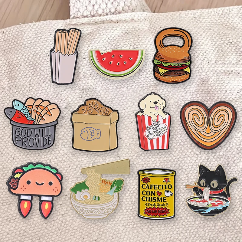 Set de Broches Esmaltados Foodie: Lindos Diseños de Hamburguesa, Ramen, Tacos, Sandía, Café, Gato Comiendo Fideos - Joyería de Solapa, Regalo