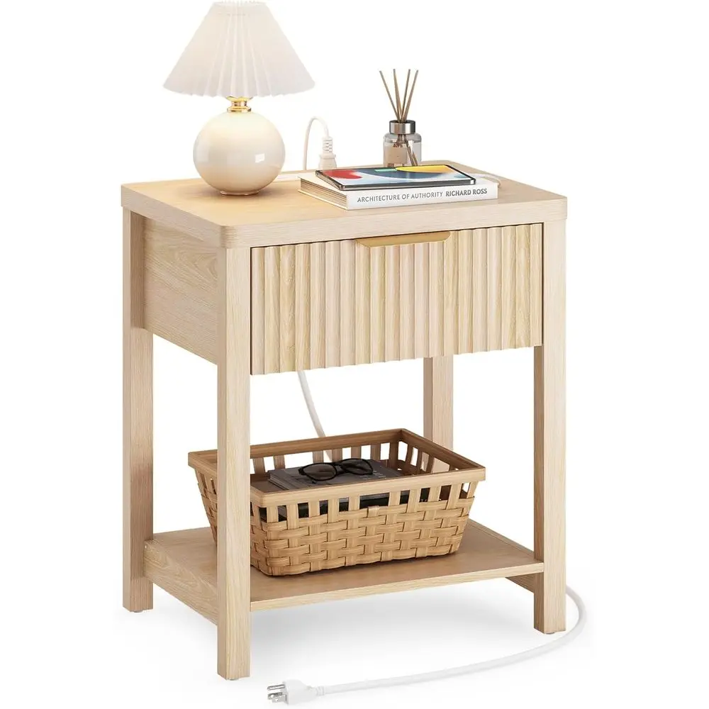 

Night Stand Set 2, Fluted Nightstand with Charging Station, Wood Modern Bedside End Table with Storage Drawer for, Customized