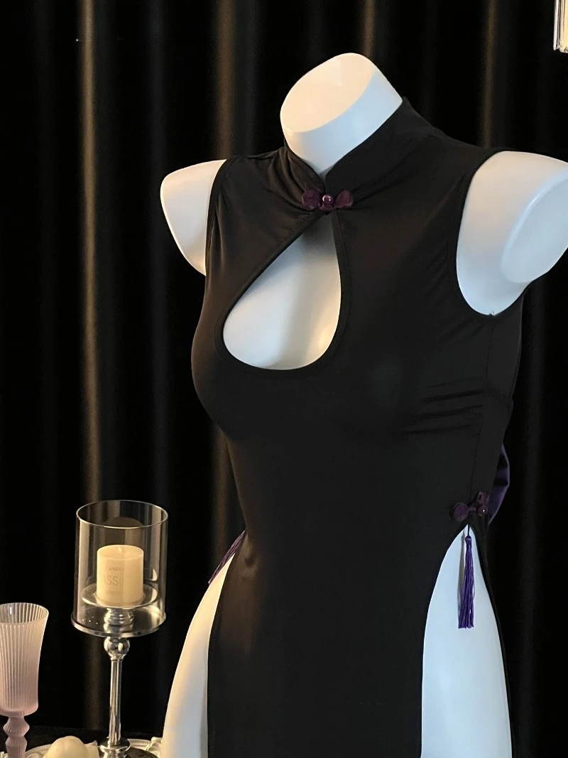 섹시한 순수한 욕망 스타일, 컷아웃 하이 슬릿, 몸매를 드러내는 민소매 롱 드레스, 여성용 리본 로맨틱 유니폼, 유혹적이고