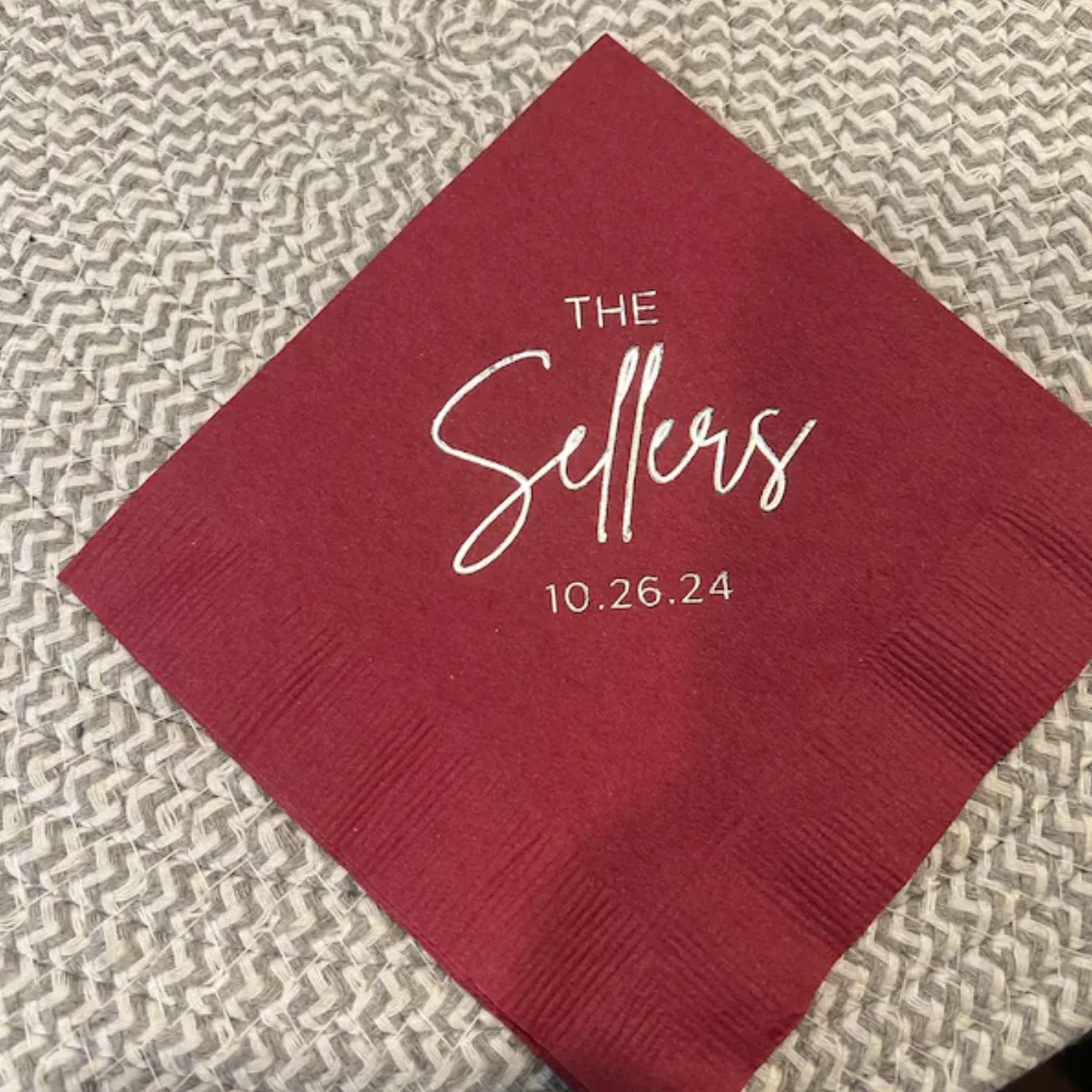 50Pcs Personalized Napkins Wedding Anniversary Engagement Printed Custom Monogram Cocktail Beverage Luncheon Dinner Guest