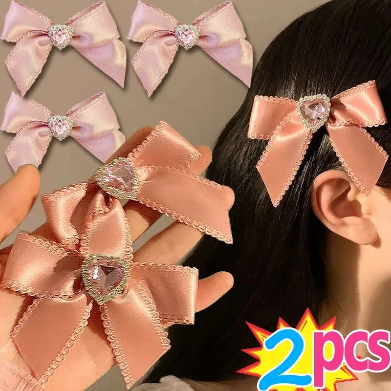 Oco coração diamante arco hairpin para meninas, bonito clipe de cabelo Lolita, presilhas rosa, fita bowknot hairslide, acessórios headwear, moda