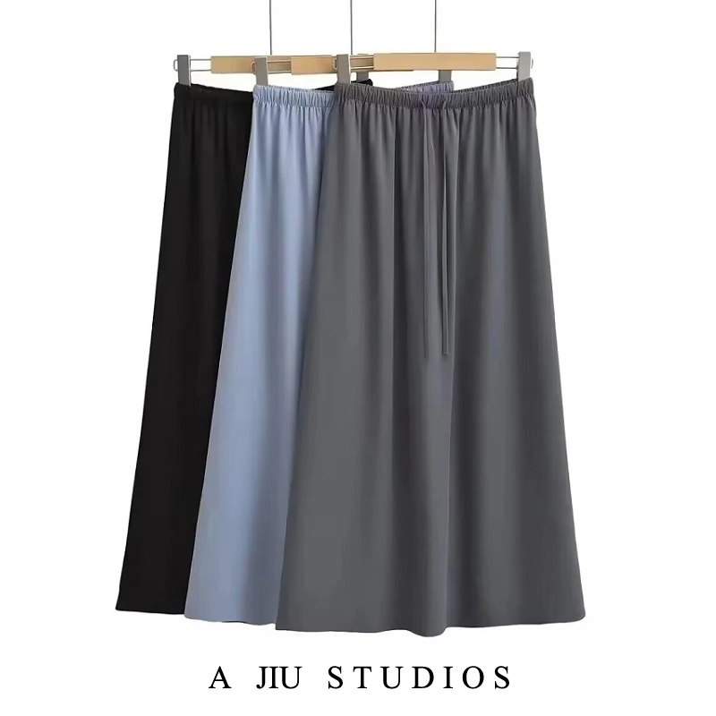 

American Sle High Waist Long Skirt Retro Dstring Casual Bm Wind Floor Length A-Line Skirt Versatile Leisurely Walk f ...