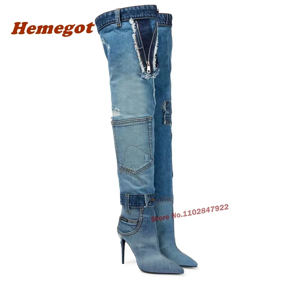 Pocket Denim Long Boots Pointed Toe Thin High Heels Over The Knee Women's Boots Elegant Fringe Zipper Decor Newest Winter Shoes