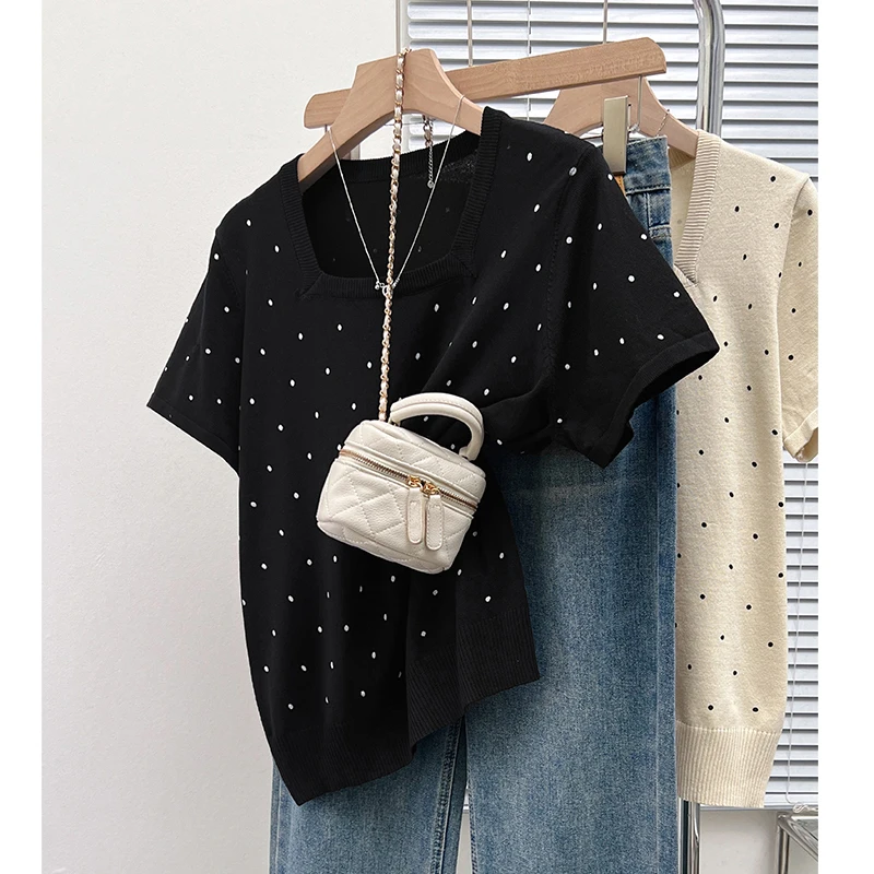 Oversized Summer Short Sleeve Dot Sweater Women Ice Silk Knit T-shirt Vintage Square Collar Loose Knitwear Tops M-4XL