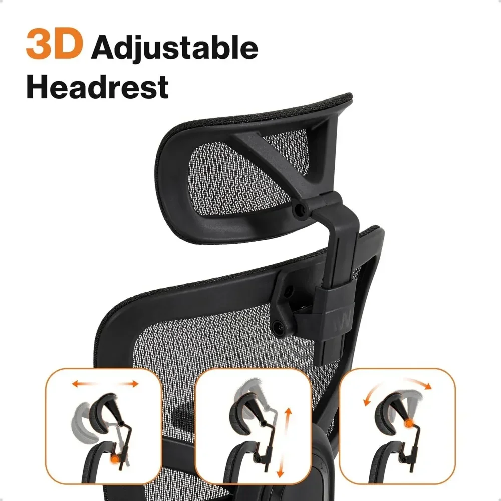 Ergonomic Office Chair - Height Adjustable Backrest Lumbar Support, Seat Depth Adjust, 3D Headrest, 4D Armrests, Blade Wheels