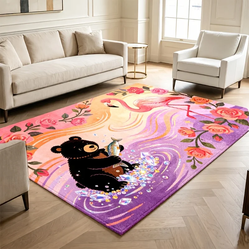 Whimsical Bear Flamingo Rose Area Rug Fantasy Gem Floral Art Print Large Floor Carpet for Indoor Aesthetic Home Decor Carpet