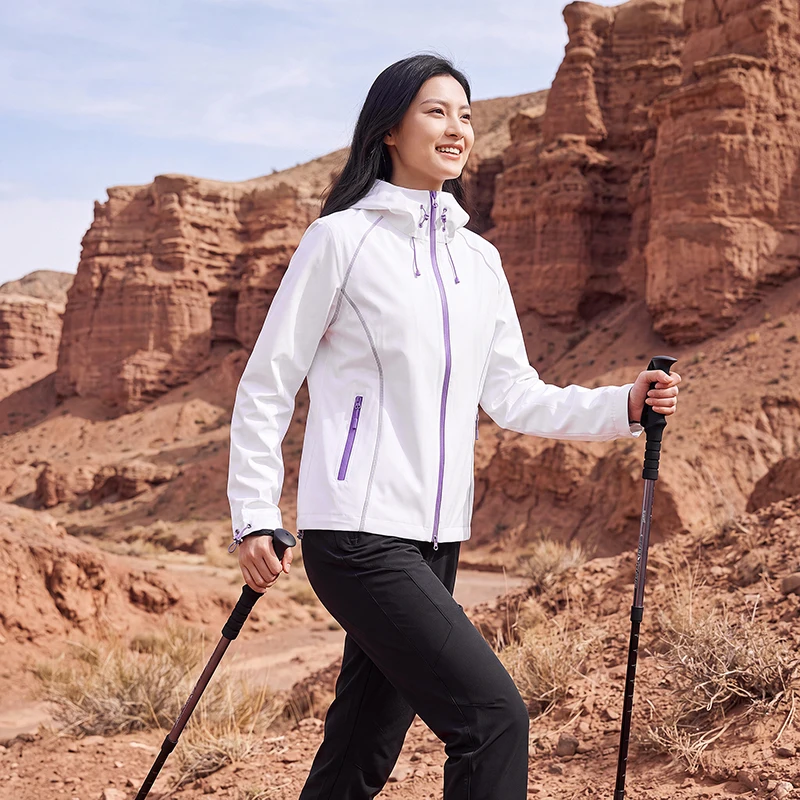 Women Loose Hooded Windbreaker Jackets Single‑Layer Waterproof Windproof Coat Contrast Stitching Hiking Daily Casual Outerwear