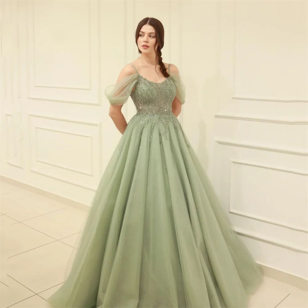 Jessica-vestidos de graduación verde claro para mujer, vestidos de noche con cuentas de tul brillantes para ocasiones formales, vestidos de fiesta