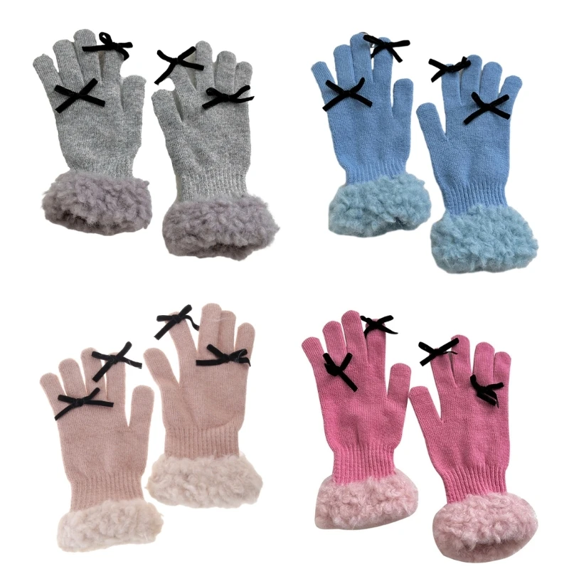 

Winter Knit Gloves with Small Bowknot Decor Couple Full Finger Gloves Thicken Outdoor Cycling Skiing Gloves Keep Warm