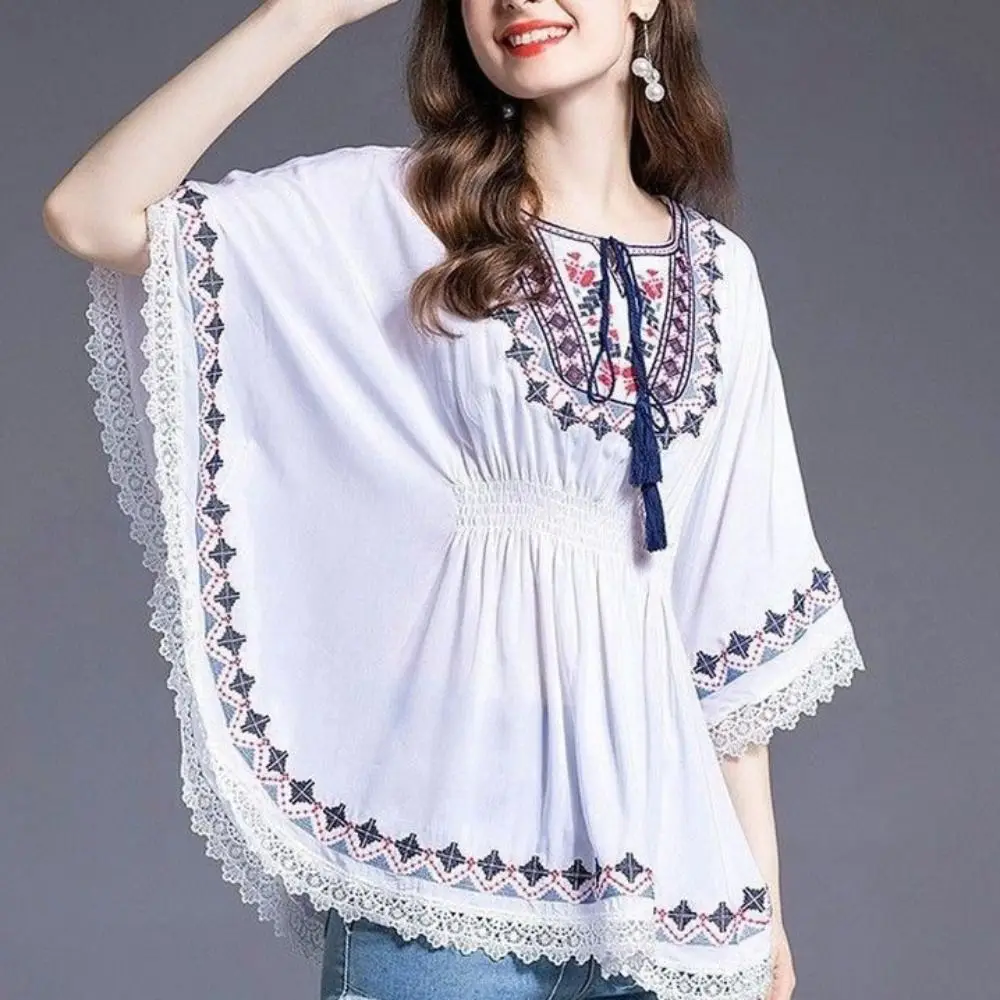 

Lace-up Tassel Bohemian Style T-shirt Embroidery Round Neck Short Sleeve T Shirt Loose High Waist Ethnic Style Tops Women