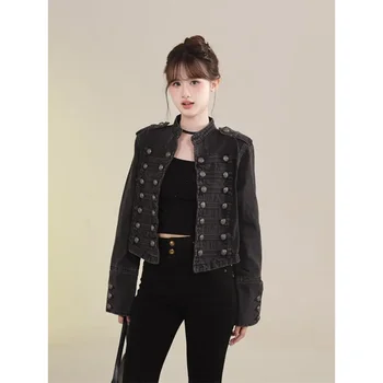 Women's American Retro Denim Military Inspired Cropped Jacket Long Sleeve Stand Collar Casual Motorcycle Coat 3 Women's American Retro Denim Military Inspired Cropped Jacket Long Sleeve Stand Collar Casual Motorcycle Coat 3