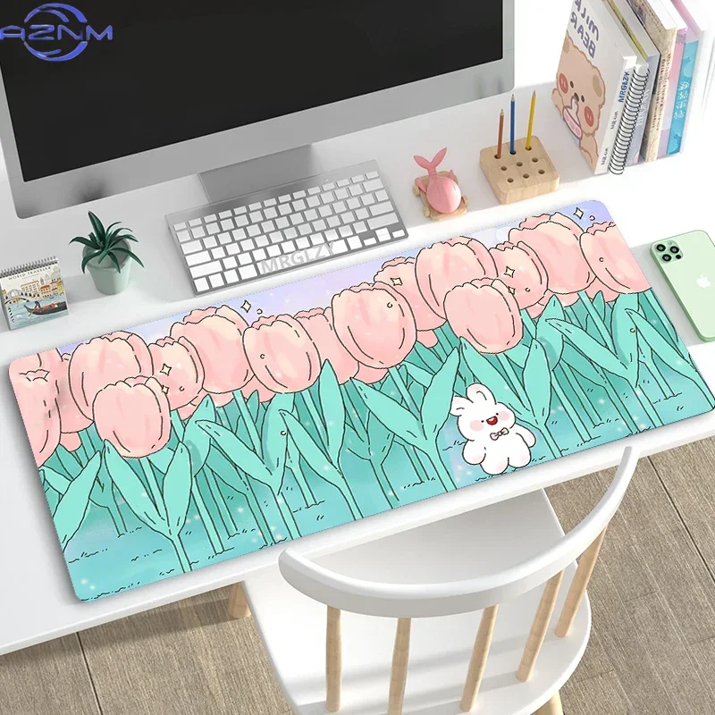 Cute Pink Tulips Mouse Pad Desk Mats Kawaii Large Office Keyboard MouseMat Purple Rugs Mousepad Cartoon Girly Gamer for Laptop
