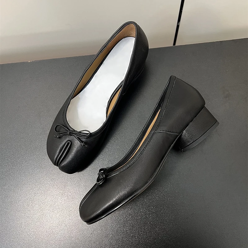 

Women's Tabi Split Toe Ballet Flats Bow Knot Chunky Heel Leather Pumps 2025 New Fashion Comfortable Dress Shoes