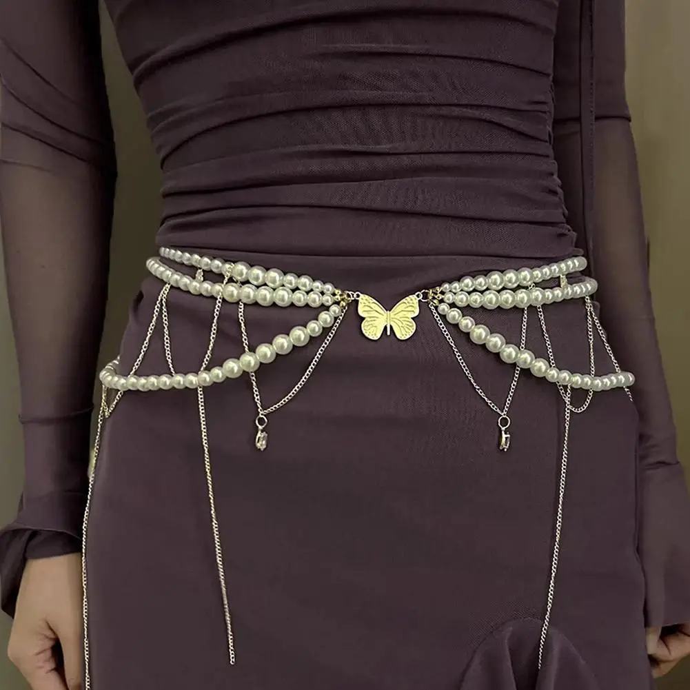 New Gothic Imitation Pearl Cross Tassel Charm Belly Waist Chain Women Beaded Beach Bikini Body Chain Sexy Jewelry Party Access