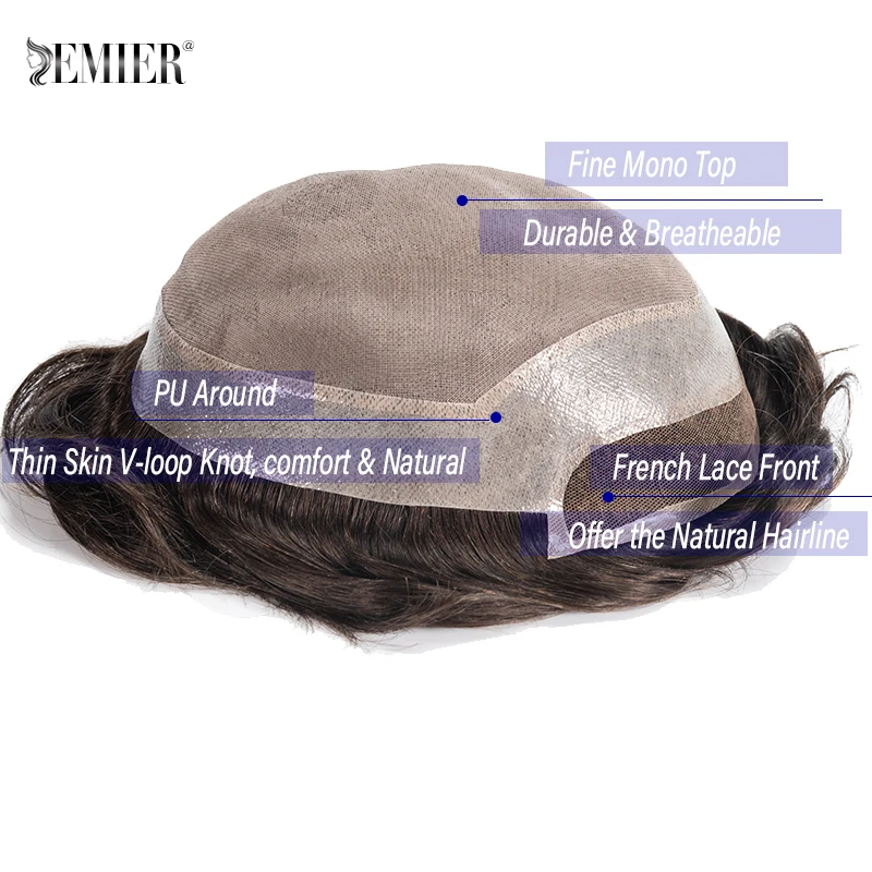 Toupee For Men Mono & PU With Lace Front 100% Indian Human Hair Piece Hair Units Male Hair Replacement System Hair Prosthesis