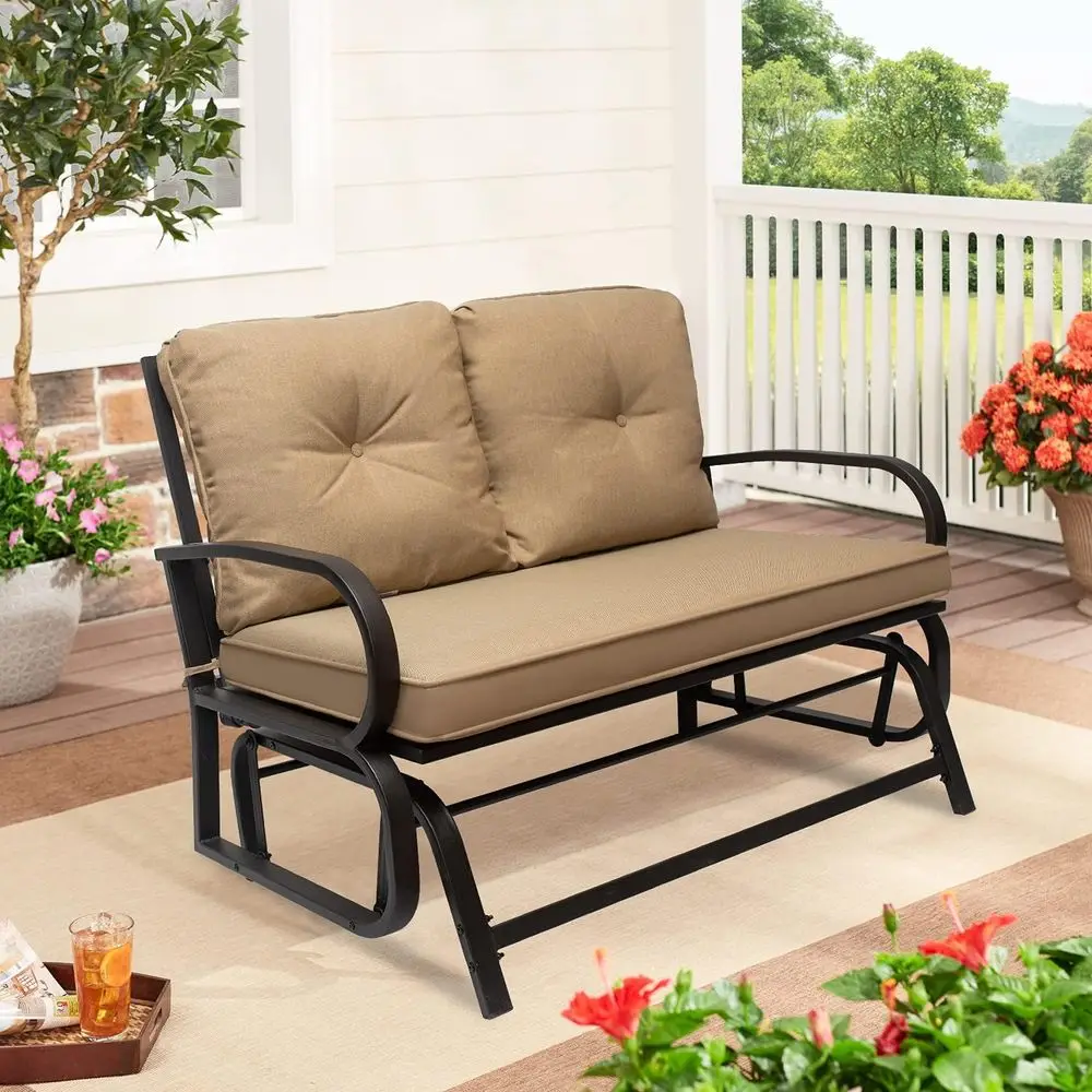 

2 Person Patio Glider Bench with Cushion, Steel Frame, Khaki Color, Outdoor Rocking Chair