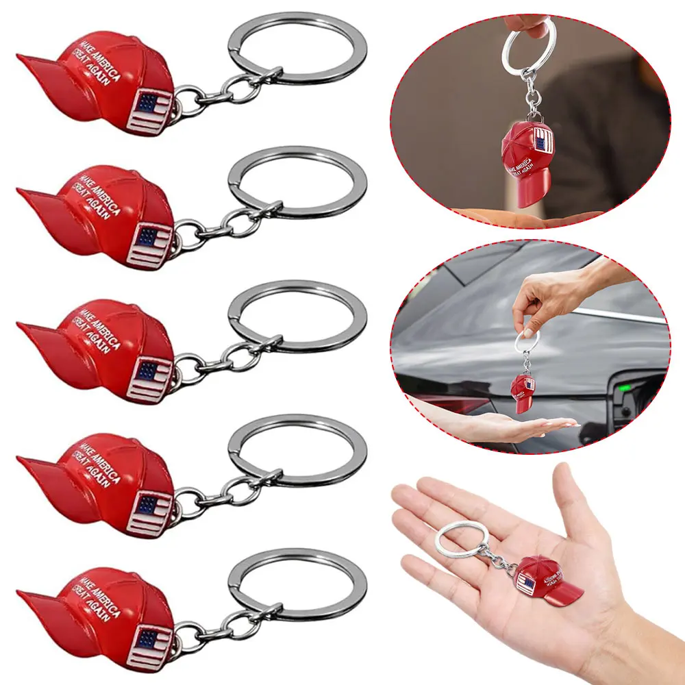 5Pcs Trump Hat Car Key Ring Make America Great Again Trump Baseball Cap Keychain Metal USA Flag Cap Key Ring Jewelry Accessories