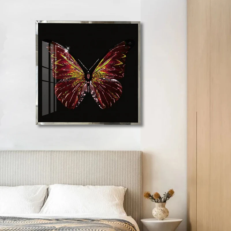 Custom Modern Luxury Nordic Picture Golden Butterfly Animal Abstract Crystal Enamel Craft Living Room Decorative Mural