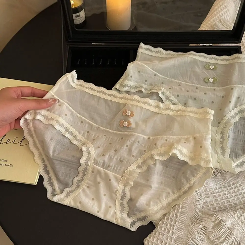 Модные кружевные сетчатые трусики со средней талией в горошек, прозрачные милые трусы с рюшами, удобное нижнее белье, тонкое нижнее белье для женщин и женщин