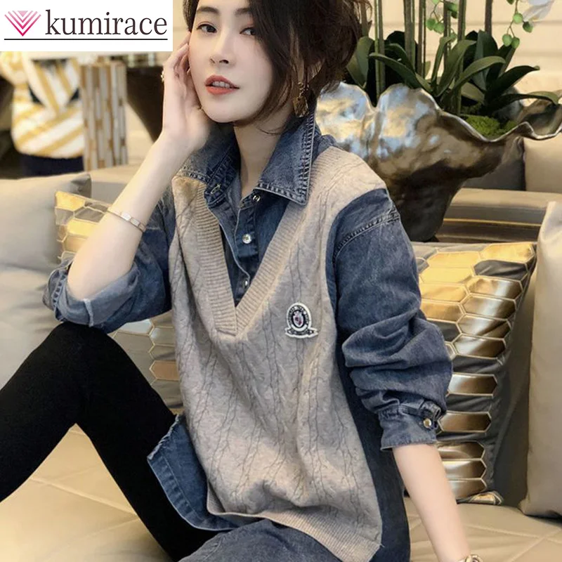

2023 Autumn New Knitted Sweater Spliced Denim Shirt Women's Fashion Casual Fake Two Piece Top Winter Clothes Women Y2k Clothes
