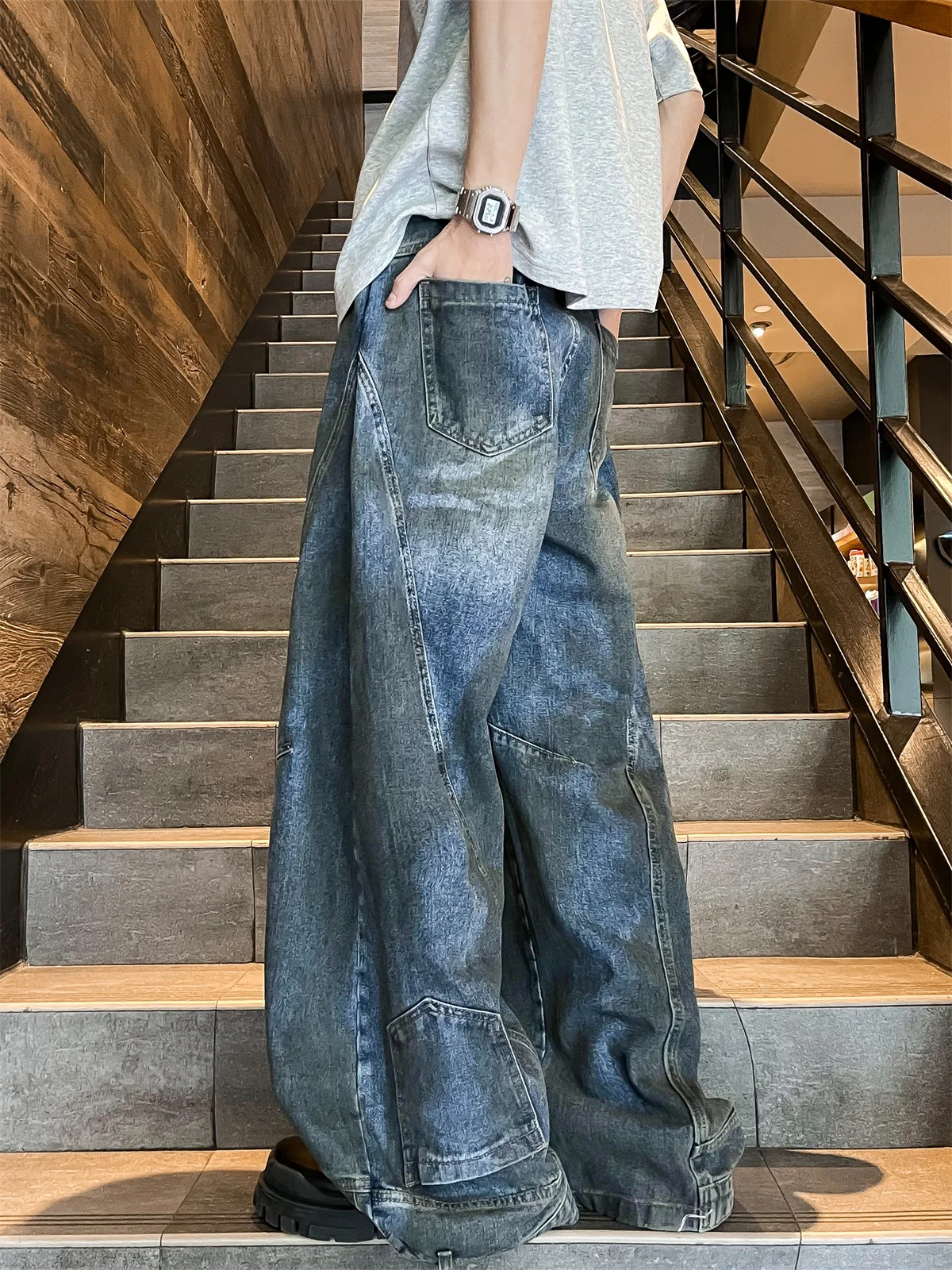 

Рваные джинсы-дэд для мужчин в американском ретро-стиле, широкие, с необычным дизайном, свободного кроя, летние, повседневные, прямые штанины