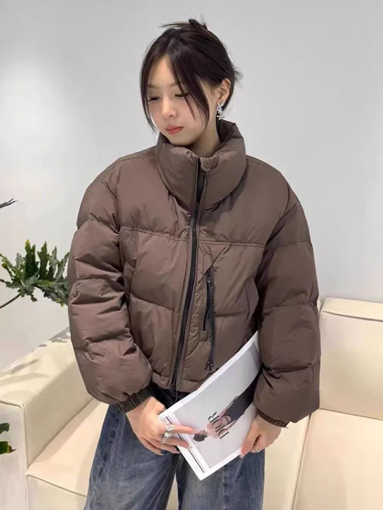 Newest Stand Collar Zipper Fashion Casual Warm White Duck Down Bubble Loose Coat Short Fluffy Puffer Down Jacket Women 2025