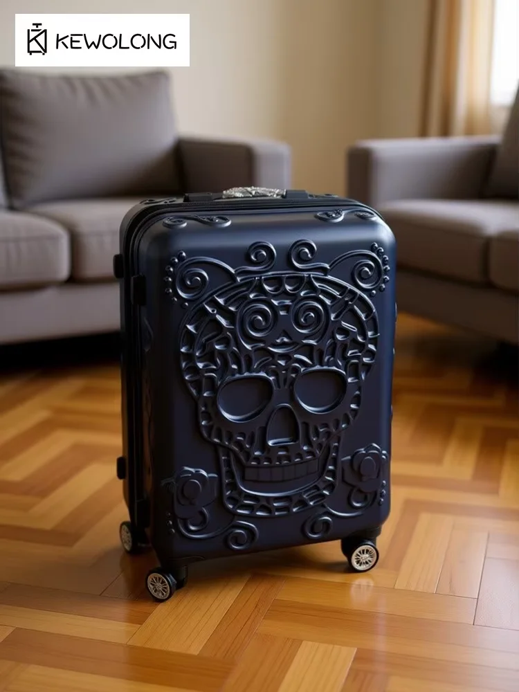 

Новый 20-дюймовый чемодан на колесиках с рисунком черепа, вращающийся на 360 градусов универсальный дорожный чемодан с колесом, замок TSA для мужчин и женщин