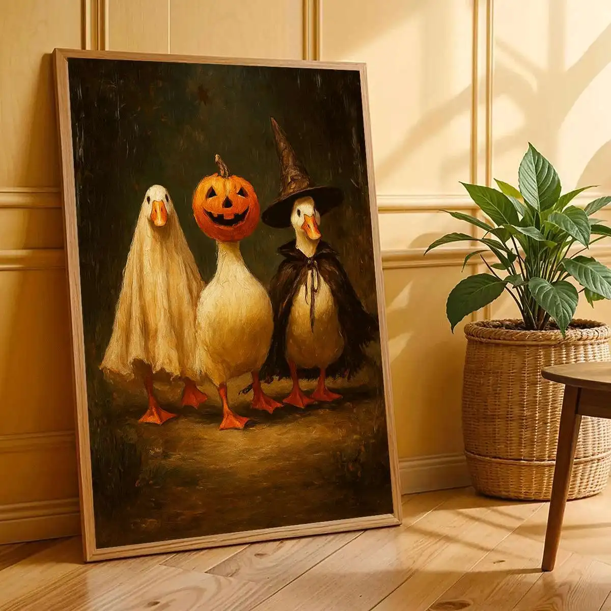 Retro Halloween Duck Art Poster - Ghost Witch Hat Duck with Pumpkin Lantern and Bat, Canvas Wall Decor, Home Decor for Parties