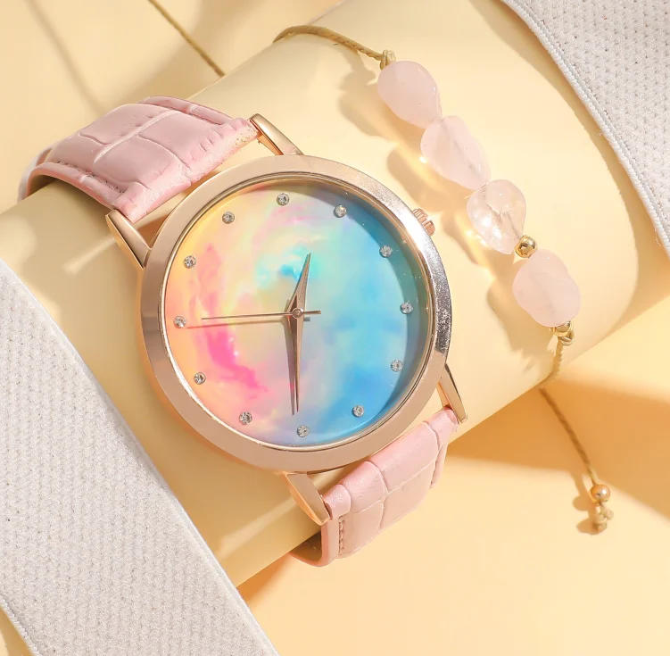 

Нет подарочной коробки; Женские часы в стиле молодой девушки с розовым ремешком и комплект розового браслета; подходят для праздничных подарков.