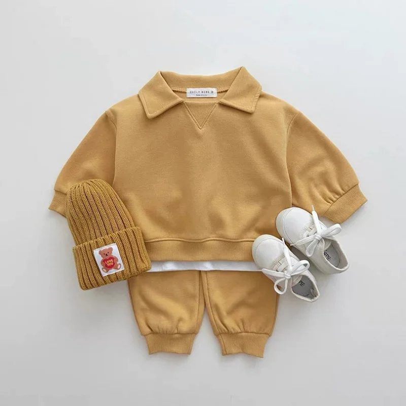 

Infant Toddler Turn-Down Collar Pure Cotton Macaron Color Sweatshirt Two-Piece Set Spring Autumn Boys and Girls Baby Toddler Out