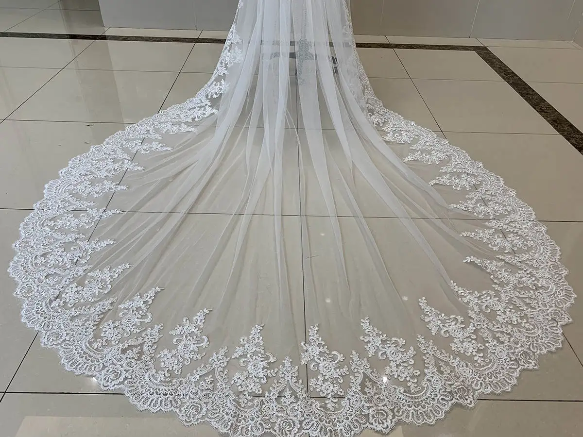 Gorgeous Wedding Veil Appliques Lace One Layer Long Cathedral Length Veils Applique Edge Velo De Cabeza Custom Made High Quality