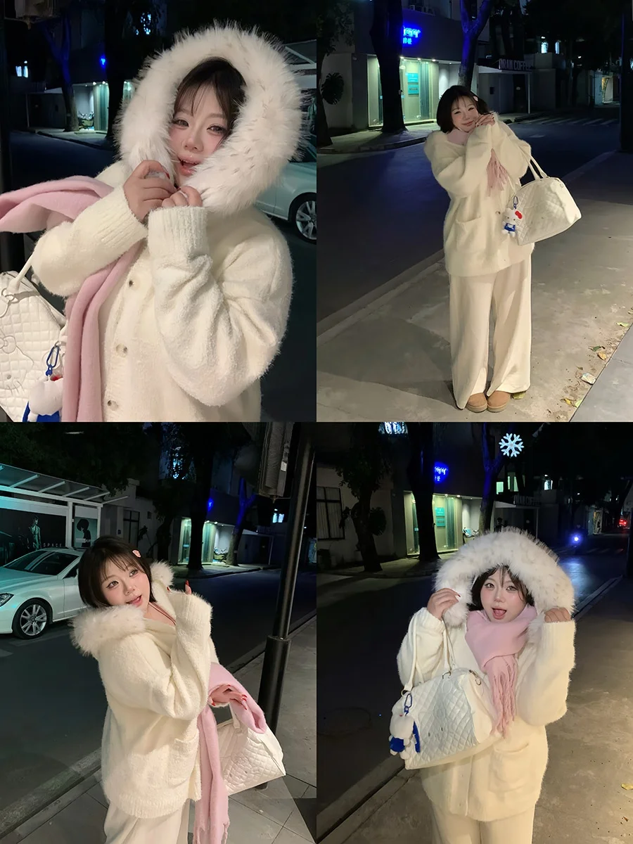 

Мягкий вязаный кардиган-пальто для женщин больших размеров, осенне-зимний, теплый, утолщенный, с меховым воротником, повседневный стиль