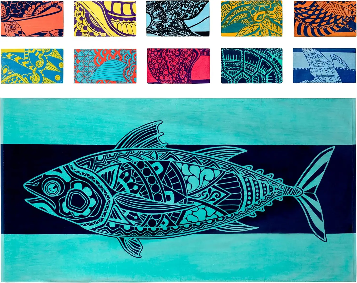 

Tuna Fish (34 X 63) Striped Cotton Beach Towel Made From 100% Cotton – Qui Drying Pool Towel With Tropical Design – Large