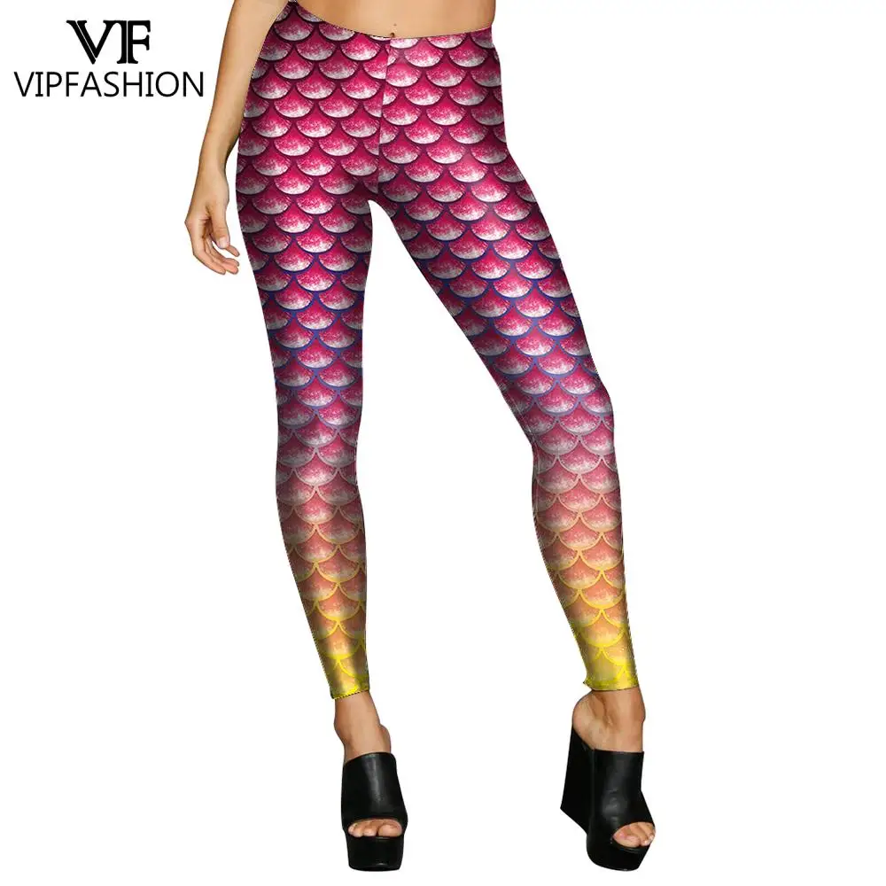 VIP FASHION Legging z wysokim stanem Slim Elasticity Skinny Spandex Sexy Colorful Scales Printed Push Up Fitness Mermaid Legging Pants