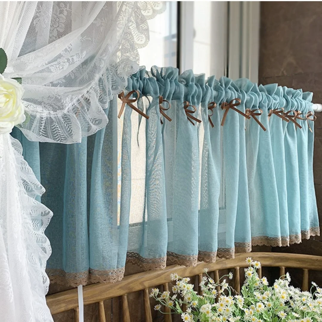 1PC Blue Striped Cotton Linen Short Drapes, Faux Fur Fringe Semi-Transparent Curtains, Kitchen Coffee Shop Restaurant Bar Decor