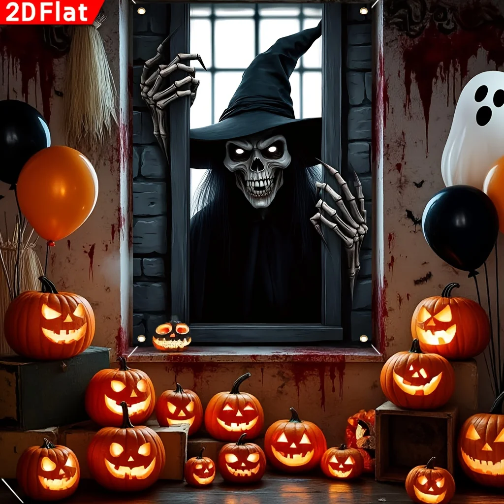 Affiche 2D pour fenêtre, thème Halloween d'horreur, avec une sorcière squelette effrayante regardant à travers la fenêtre