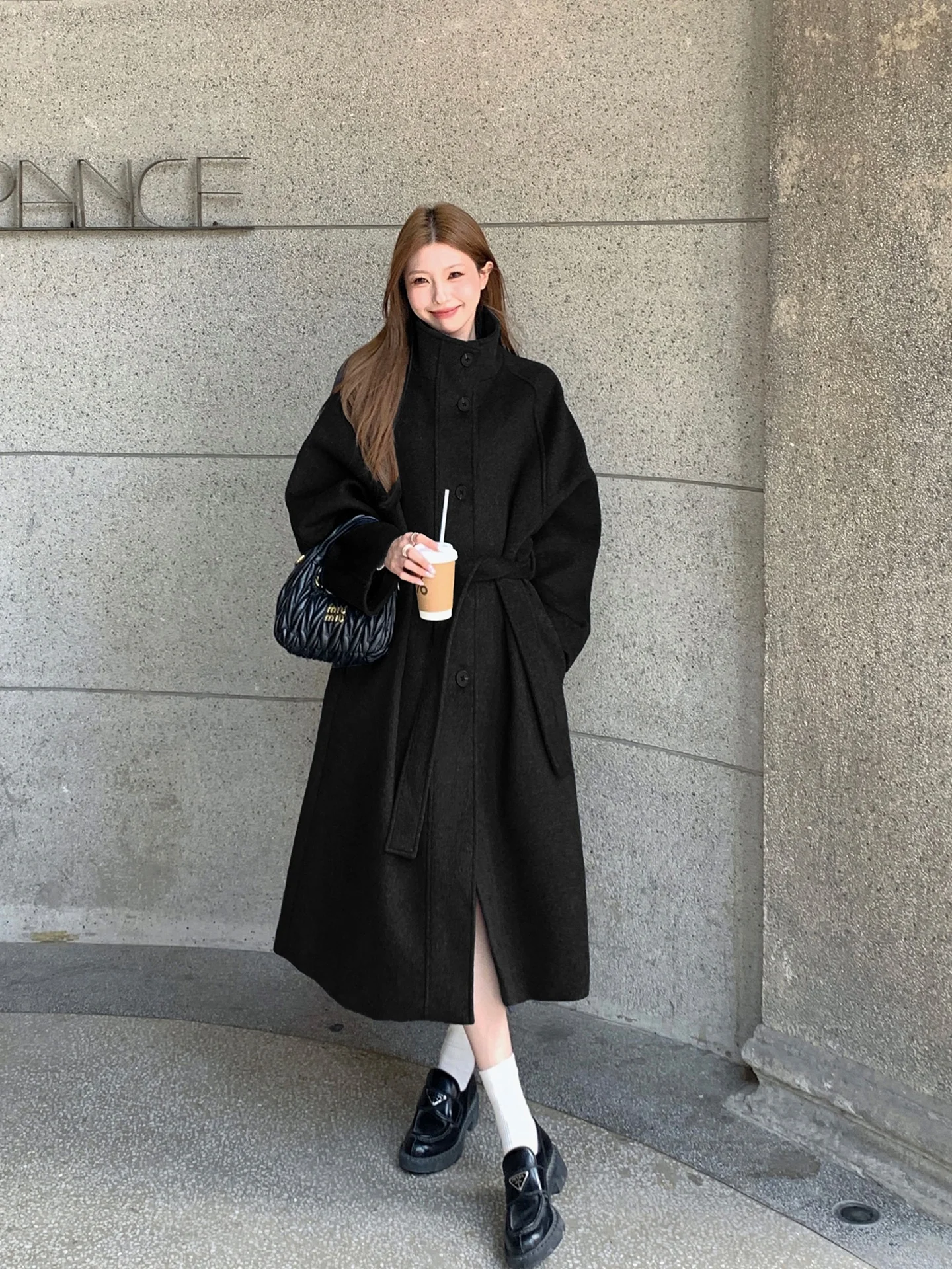 

LingLai Bla Woolen Coat with Belt Loose Midi Length Women's Autumn Winter High End Feel Outerwear Korean Sle Straight Cut