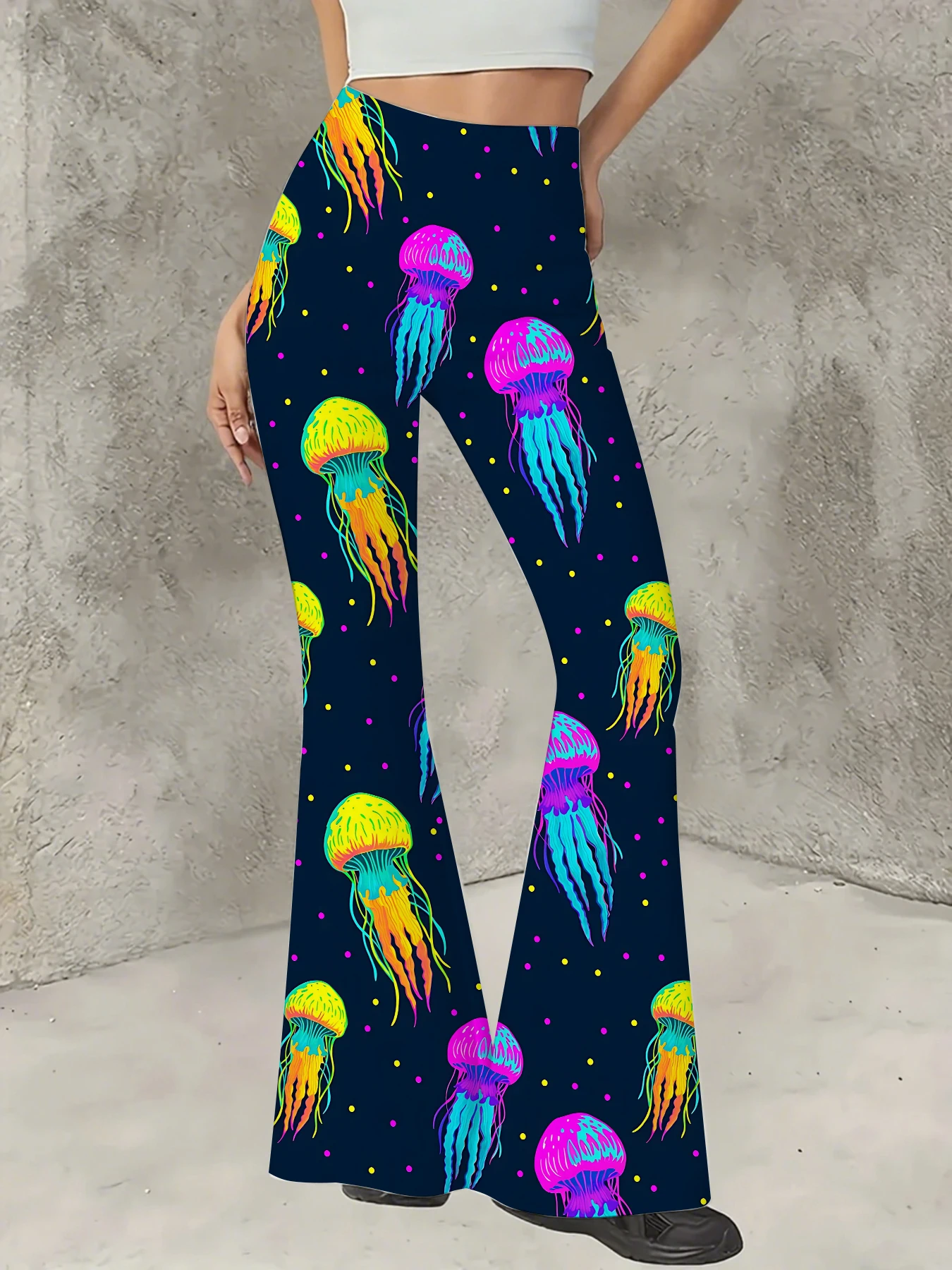 

Women's 3D Print Flare Pants Casual High Waist Knit Bell Bottom Trousers Boho