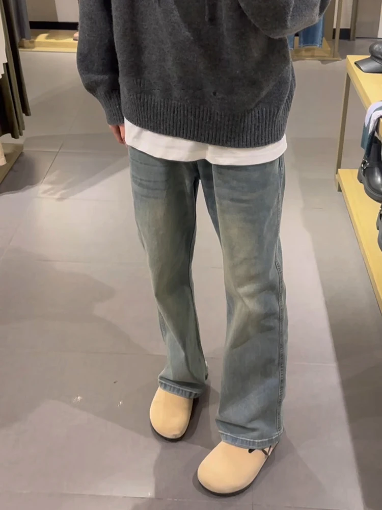 

Мужские джинсы прямого кроя с синей подкладкой в стиле ретро, зимние утепленные ботинки до колена, американский уличный стиль, скинни...