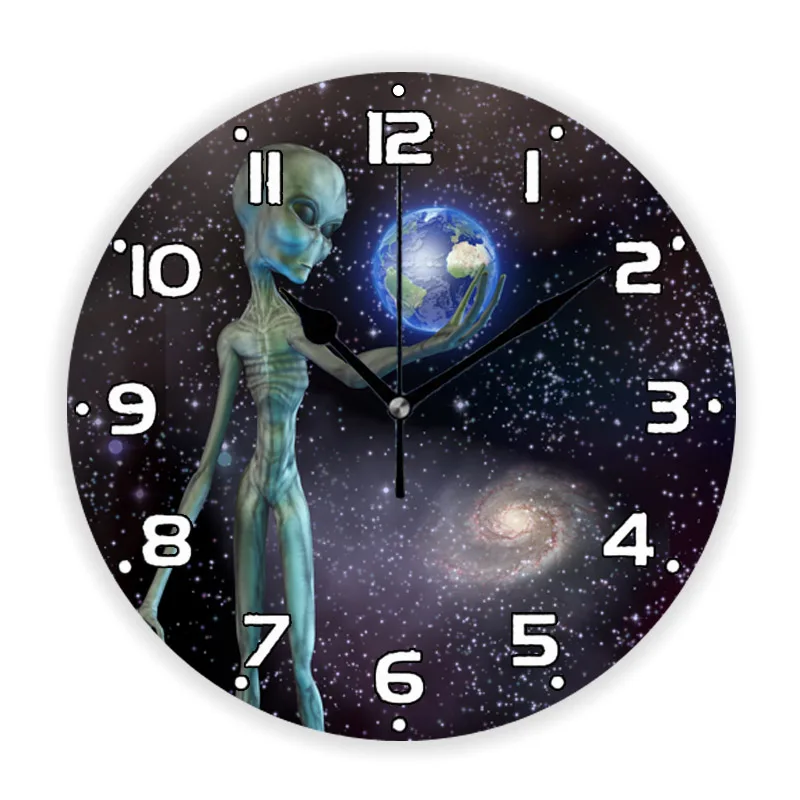 Fantasy Alien Holding Ringed Planet Wall Clock for Living Room Cosmos Creature Outer Space Wall Watch Kids Bedroom Home Decor