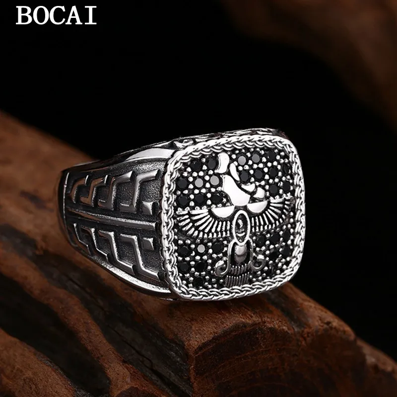 

BOCAI S925 Pure Silver Retro Trendy Personality Diamond Inlaid Auspicious Bird Black Agate Open Ring