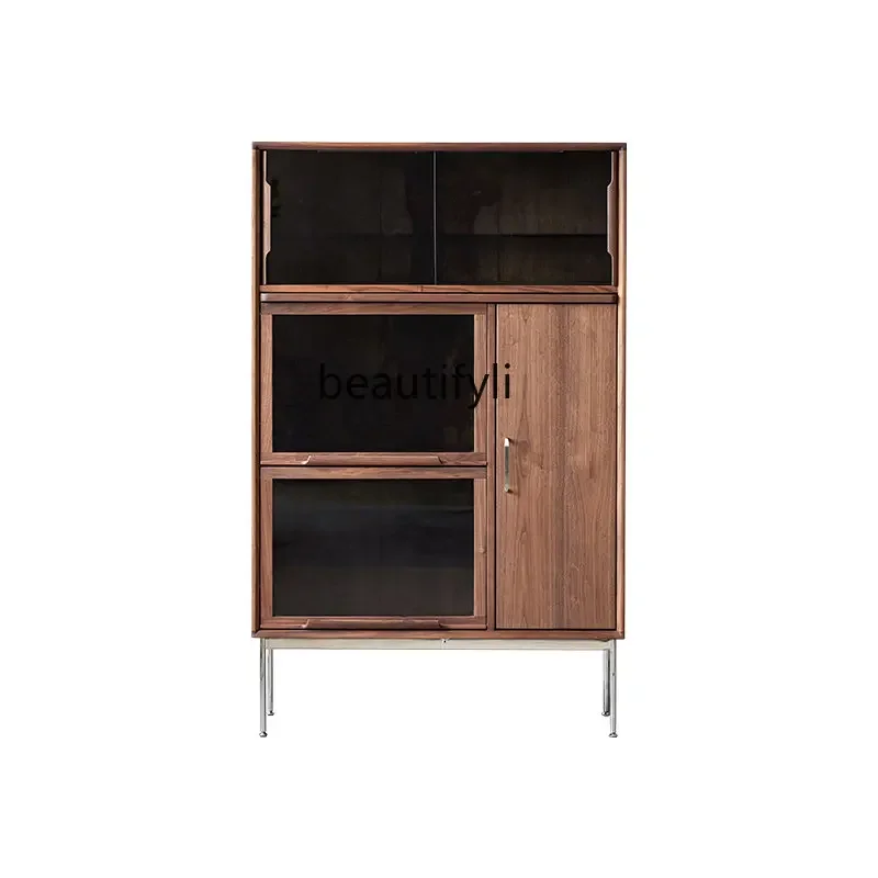 

R11 Solid Wood Wine Cabinet Display Cabinet Made of Glass Small Black Walnut Chest of Drawers Tea Cabinet Home Living Room