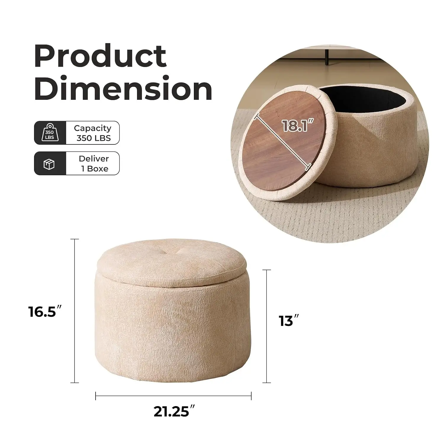 Round Chenille Storage Ottoman with Reversible Tray Lid, Hidden Foot Stool for Living Room, Beige, Customized