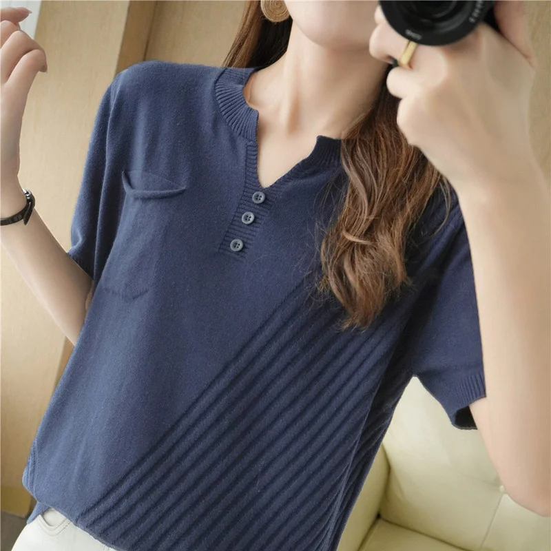 T-shirt Women\'s summer new 100% cotton pullover short sleeve loose knit V-neck top casual Korean fashion solid color short sleev