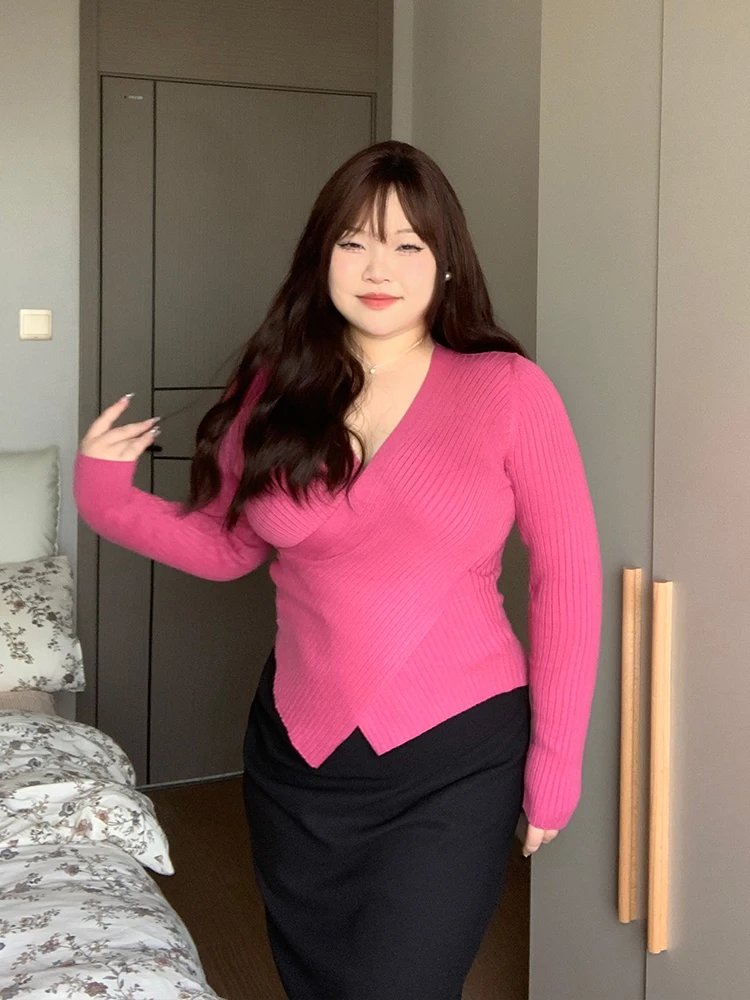 

Slim Fit V-Ne Cross Knitted Sweater Large Size Soft Candy INS Sle oulder Base Top Women's Faion Autumn Long Sve