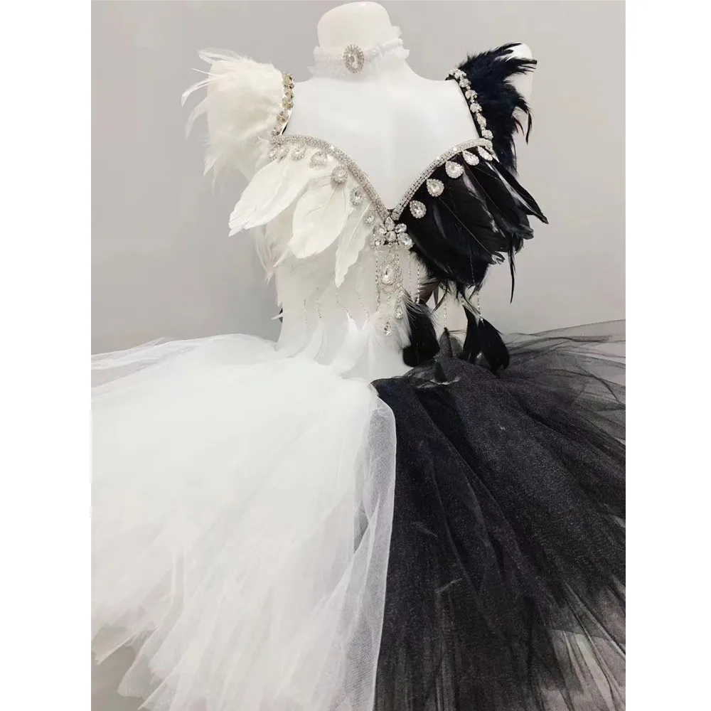 

Women Ballroom Dance Set Black White Feather Rhinestones Bikini Gauze Skirt Rave Outfit Nightclub Party Festival Sexy Costume