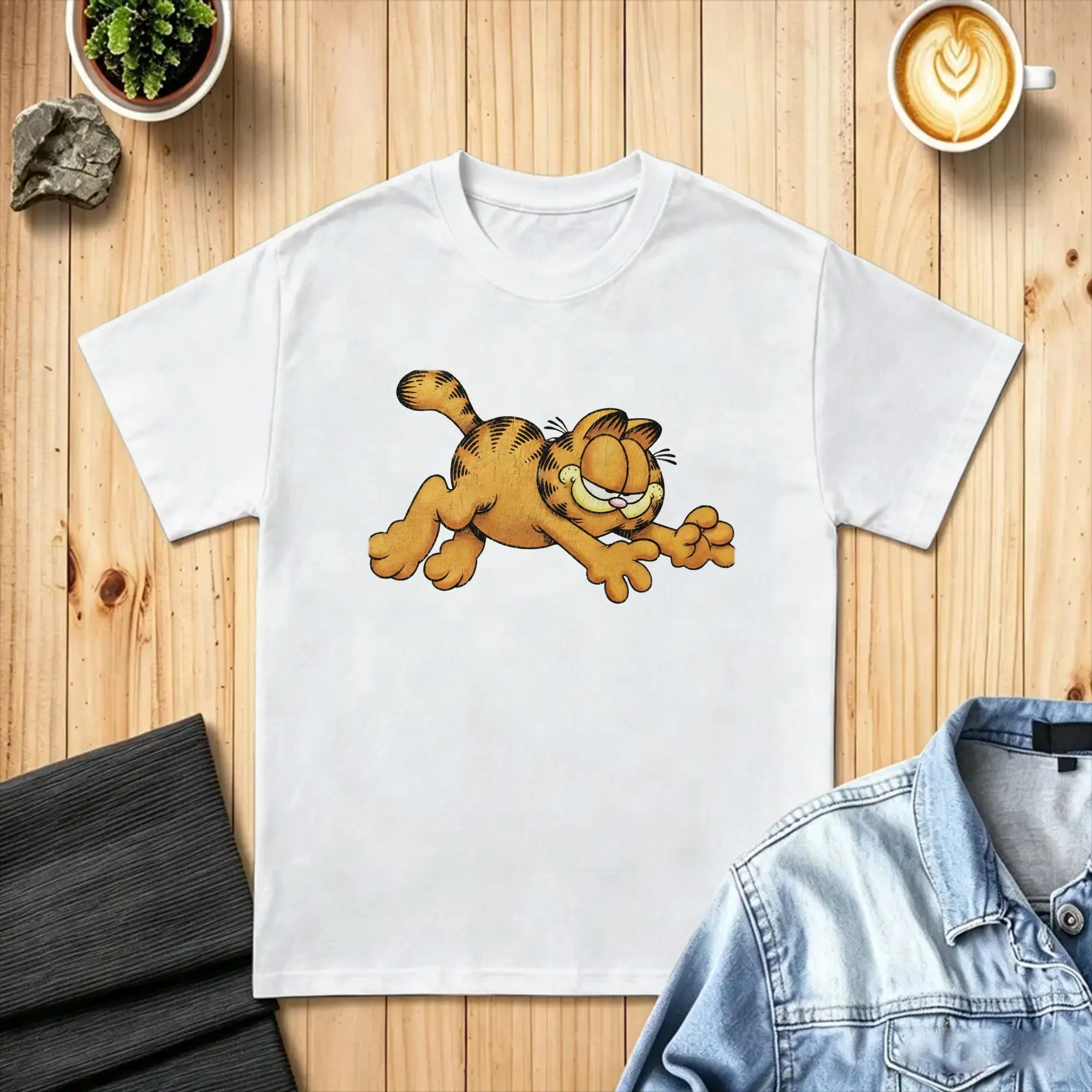 Vintage Lazy Feline T-Shirts Men Crewneck Pure Cotton T Shirt Gar-fields Short Sleeve Tee Shirt Summer Clothes