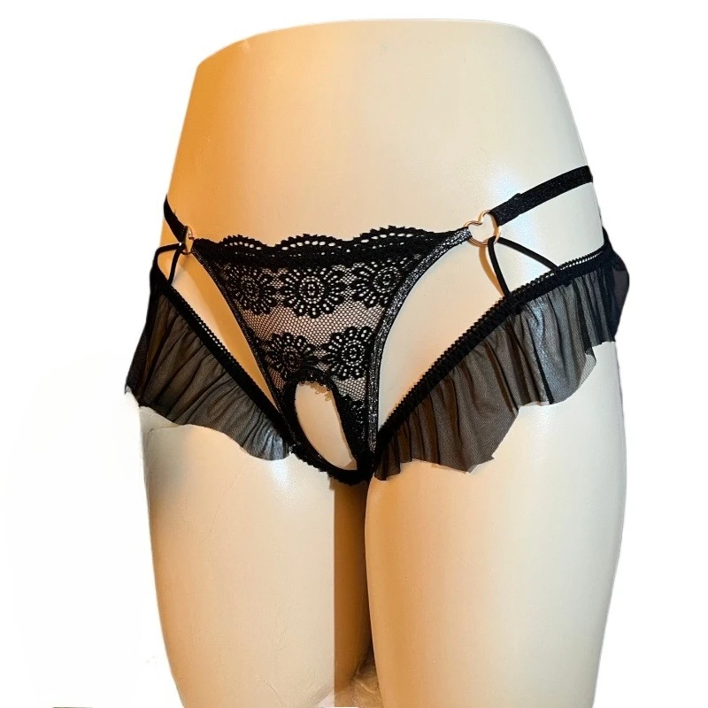 Men Sexy Underwear Hollow Ultra-Thin Lace Lingerie Ruffle Edge Open Crotch Panties See Through Underpants Sissy Feminization